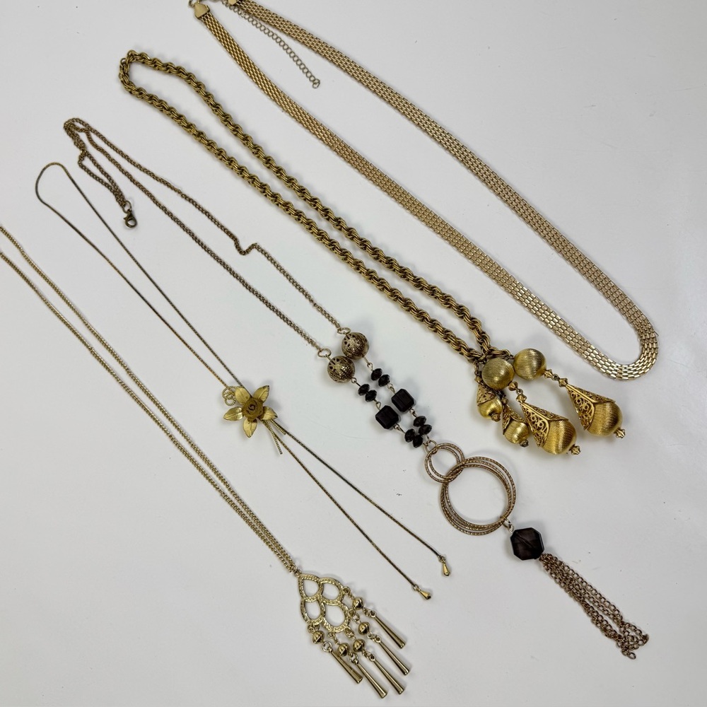 Gold Tone Lot Set of 5 Costume Jewelry Necklaces Bundle
